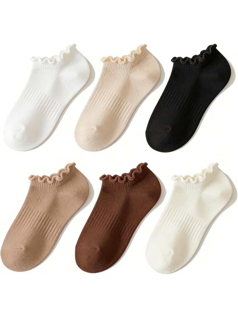 🧦Women's Brown Cream No Show Socks Low Cut Non Slip Ruffle Ankle Socks 6 Pairs
